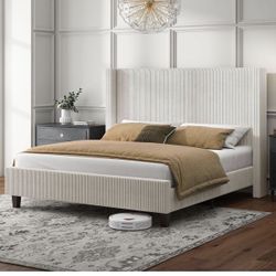 Queen Bed, Cream Upholstered  Corduroy