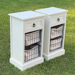 Pair Of Wood 1 Drawer 2 Wire Basket Storage Farmhouse Accent Tables