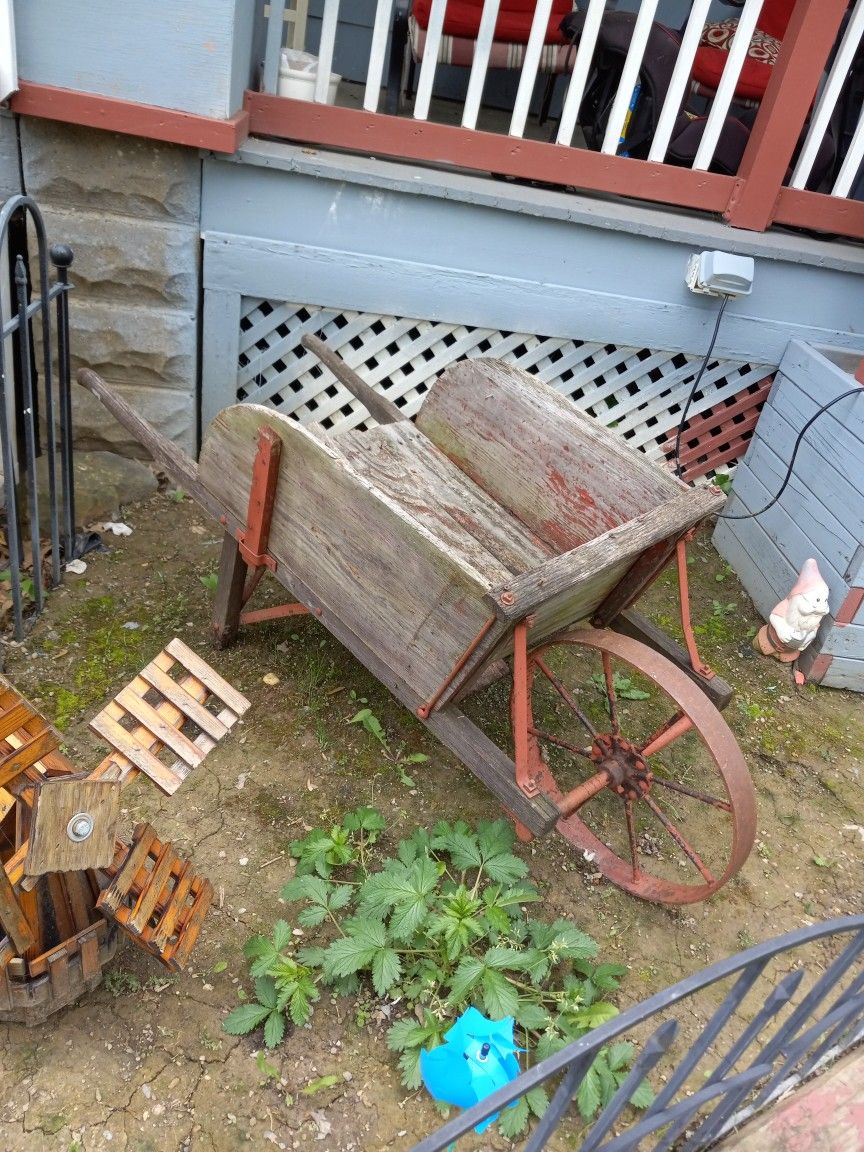 Vintage Wheelbarrow Wooden With Steel Wheel