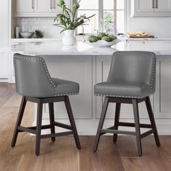 2X Dark Gray 26” Swivel Faux Leather Barstools 