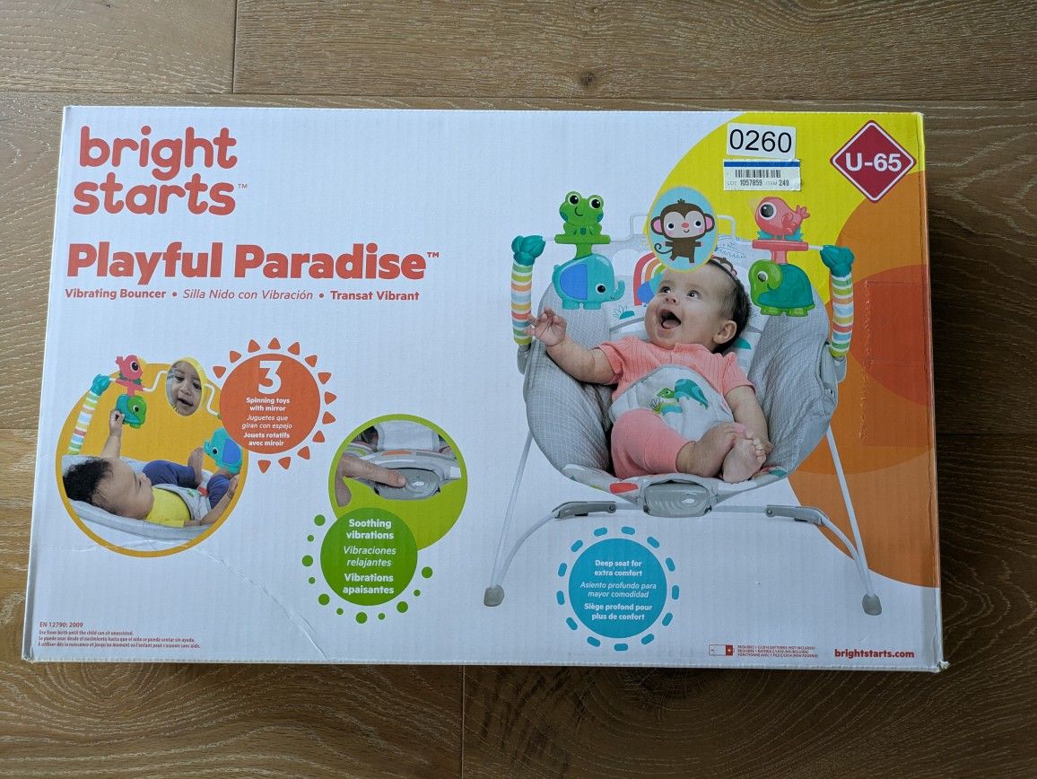 Bright Starts Playful Paradise Vibrating Baby Bouncer, Unisex, Newborn +