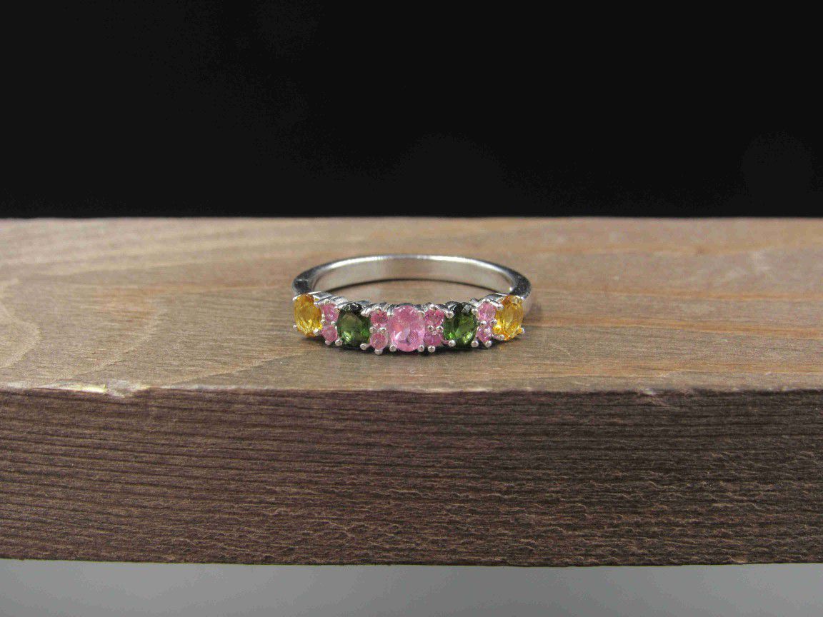 Size 8.25 Sterling Silver Various Color Tourmaline Gemstones Band Ring
