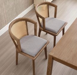 New-Kmax Modern Rattan Dining Chair Set of 2 Farmhouse Semi Barrel Dining Room Chair Wooden Upholstered Chair Oak Finish for Kitchen, Walnut/Grey Seat