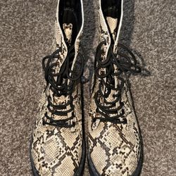 Snake Print Lace-Up Ankle Boots