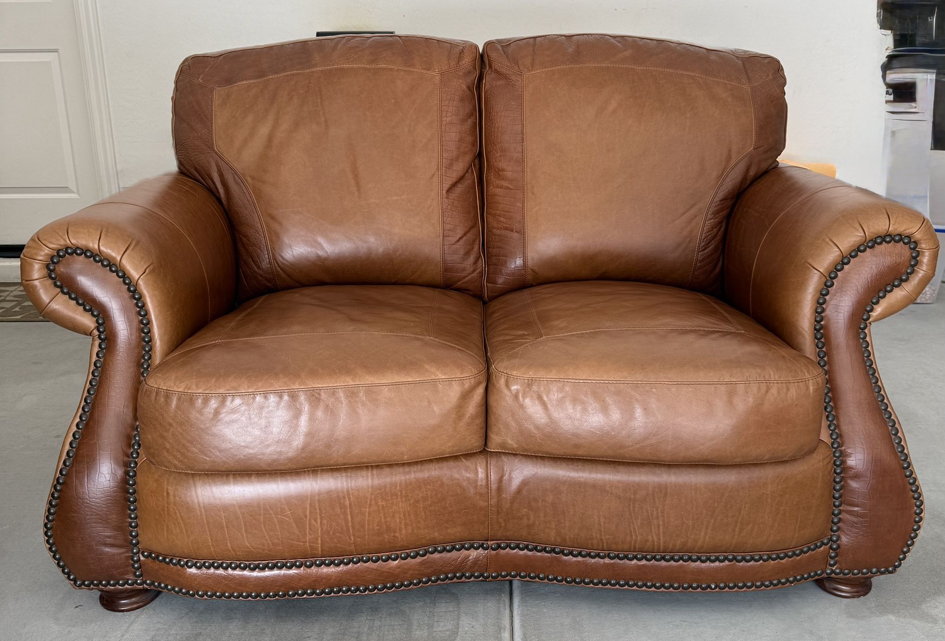 Genuine Full Grain Leather Love Seat, Chair And Ottoman