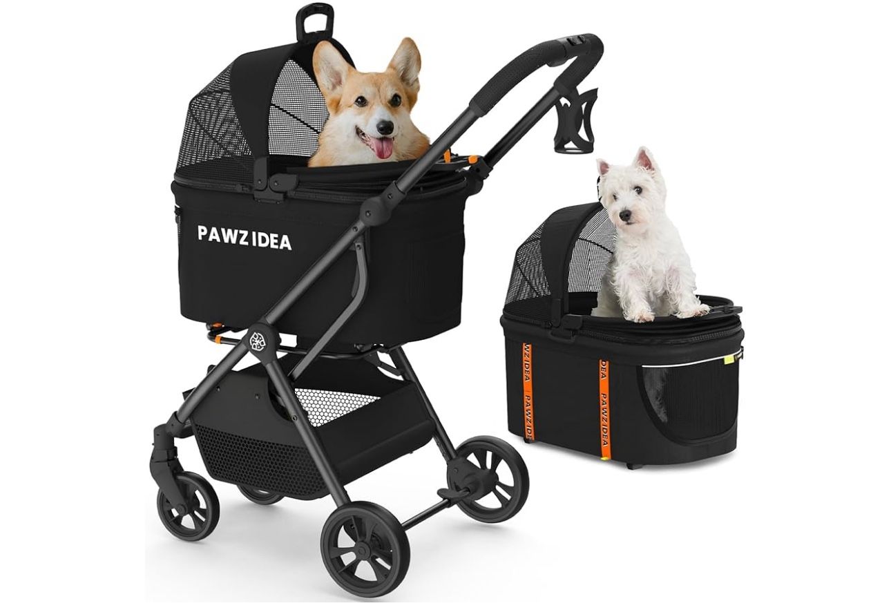 PAWZIDEA Pet Stroller 4 in 1, Dog Strollers for Small/Medium Dogs/Cats with Detachable Carrier NO-Zip Canopy, Seatbelt Puppy Car Seat Combo, Foldable