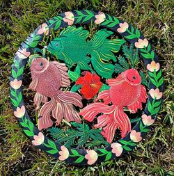 Metal Yard Or Wall Art Signed Koi Fish Pond Theme 