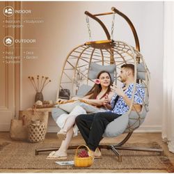 2 Person Outdoor Double Hanging Chair with Stand, 700lbs Heavy Duty Cushioned Wicker Swing Egg Chairs, Oversized Wide Patio Comfy Egg Hammock Chair fo