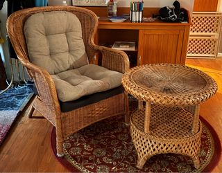 Vintage Natural Wicker Armchair & 2-Tier Side Table Set