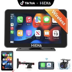 HIEHA 2026 Upgraded Wireless Carplay Stereo with Suction Mount, Rear Camera, Seamless Mirrorlink, Supports Landscape & Portrait Modes