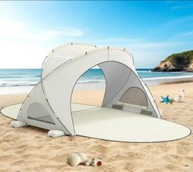 Beige Beach Tent Sun Shelter, Beach Shade Tent with UPF50+ UV Protection, Sun Shelter for 1-3 Person, Beaches Shade with 2 Zippered Doors, Portable Te