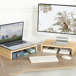 2 Pieces Solid Wood Riser Stands for 2 Monitors, Laptops, Computers, Screens, Printers, Rustic Desktop Storage Shelf for Home Office Decor