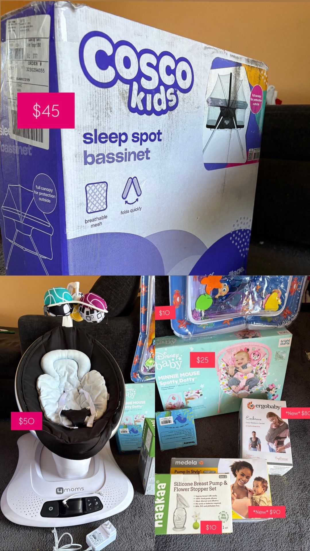 Mamaroo baby Swing, Costco kids Basinet, Ergo Baby Carrier