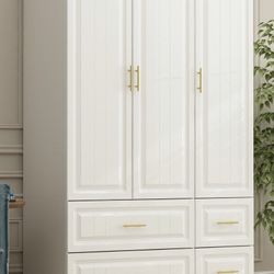 Timechee Modern Freestanding Wardrobe Armoire Closet High Cabinet Storage White
