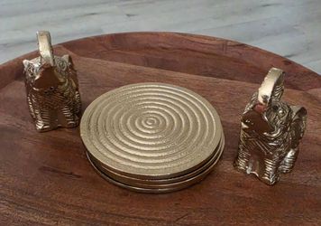 2 Gold Elephant Salt & Pepper Shakers with 4 Gold Coasters Set