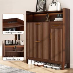 43-inch shoe cabinet with power outlet and LED light, large-capacity shoe organizer, walnut color
