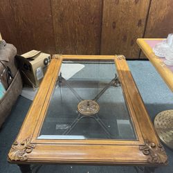 Vintage Glass Top Coffee Table with Ornate Wood Frame