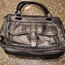 Purse black braided design along bottom, double strap, pop-ou pocket on side approx 8x14