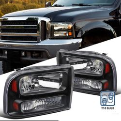 99-04 Ford F250 F350 Black housing Headlights 