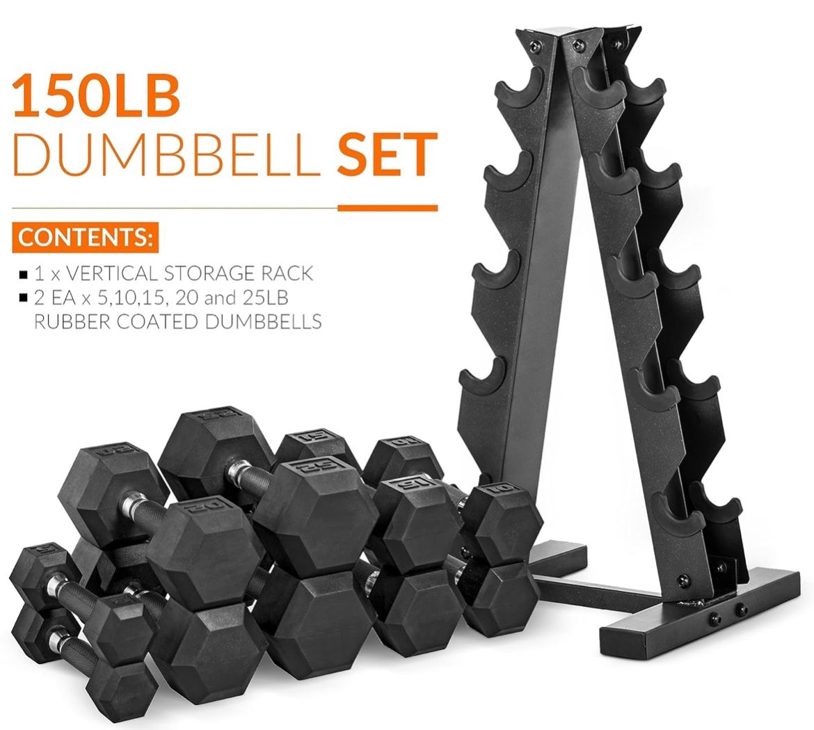 Set Dumbells with Rack ALL BRAND NEW IN BOX 📦 Set 2 Each (5/10/15/20/25) 150 Lbs Total Rack 5 Tiers FIRM PRICE