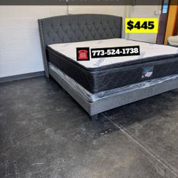 King Size Bed Frame Headboard With Pillow Top Mattress And Box Spring $449 Only 