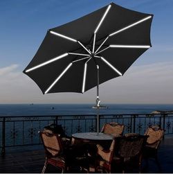 10 Ft Solar Powered LED Light Bar Patio Umbrella with Tilt Crank Aluminum Market Backyard Pool Deck Furniture in Black - Independence Day Sale