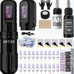 ANTIKE Cordless Tattoo Gun Kit with 7 Adjustables Strokes and 2pcs 1600 mAh Tattoo Batteries