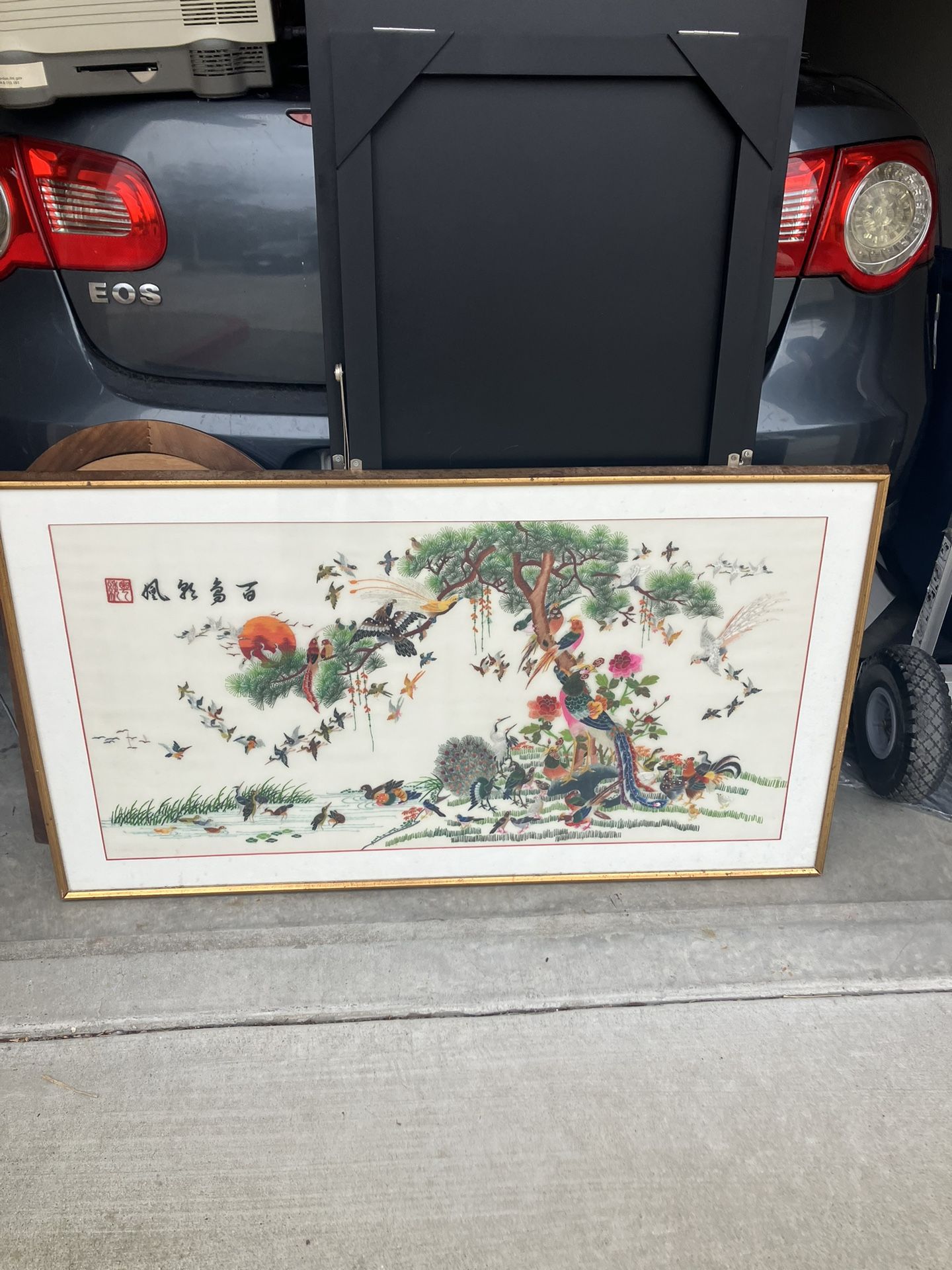 VINTAGE Antique Framed Oriental Silk Hand Embroidery Signed Picture - Size 25”x45”