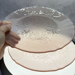 As-is. Set of (2) Vintage Arcoroc France Rosaline Pink Glass Rose Pattern Dinner Plates 10 inch Plates. They have water marks. 