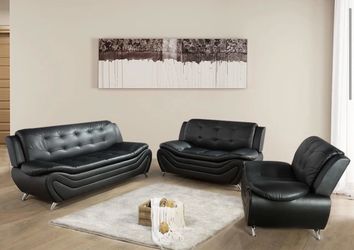 Modern style black leather three piece couch set