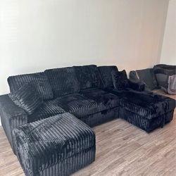 Brand New Upholstered Corduroy Huge Pull Out Sleeper Sectional Sofa With Ottoman 