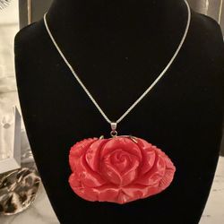 Red Rose Carved Pendant on Sterling Silver Chain Necklace