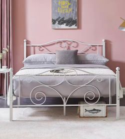 White Metal Bed Frame with Scroll Design