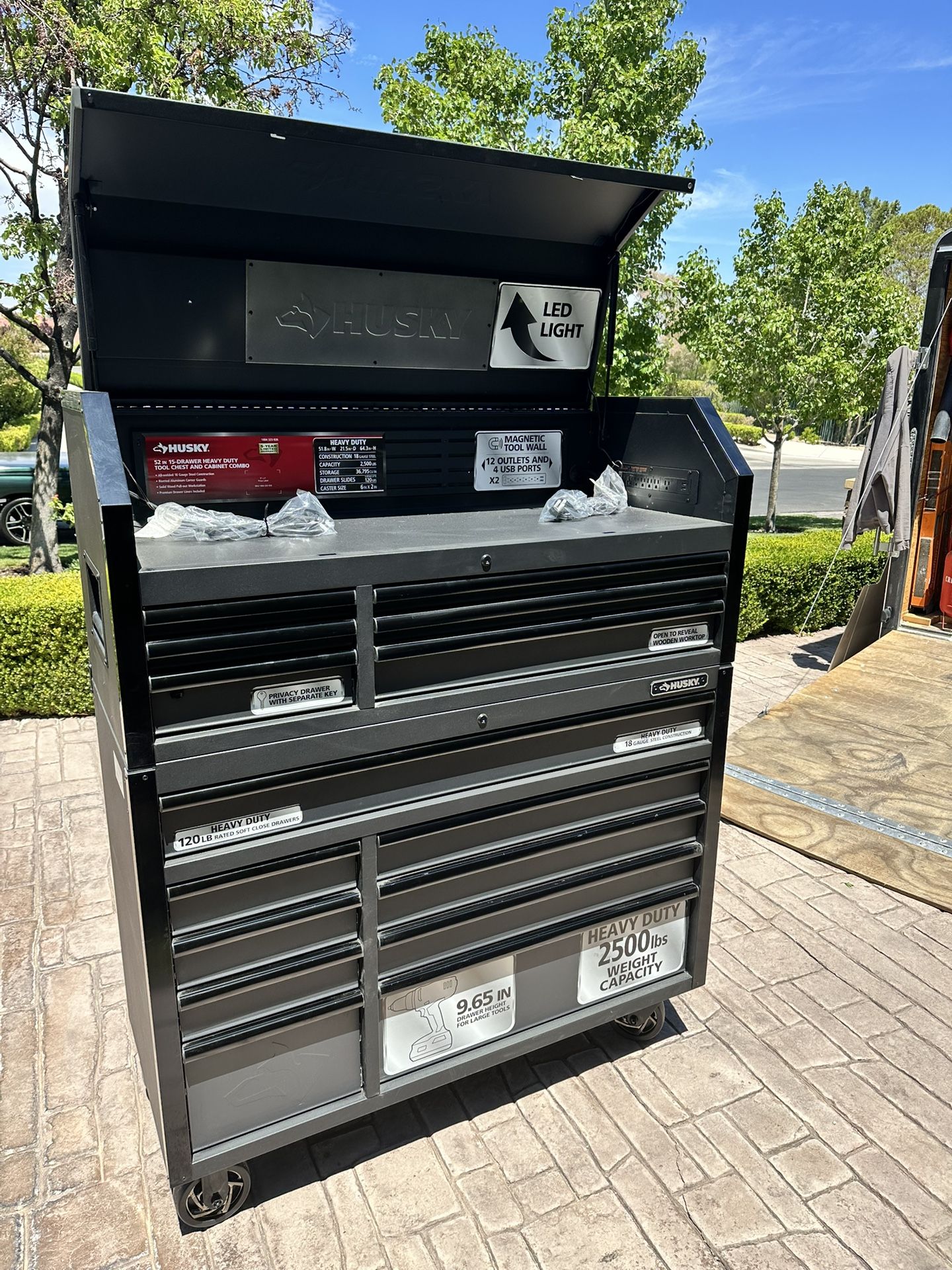 Husky 56 in. W x 22 in. D Heavy Duty 23-Drawer Combination Rolling Tool Chest and Top Tool Cabinet Set in Matte Black