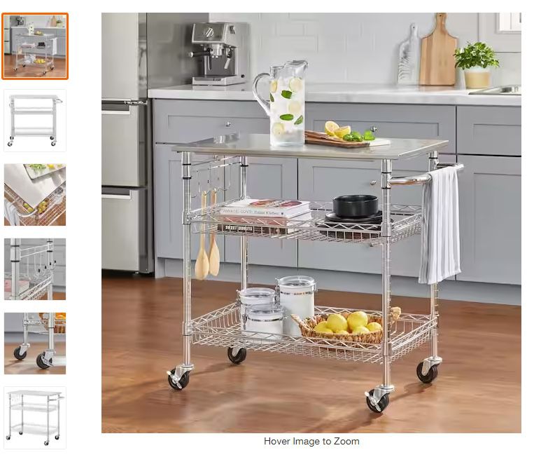 $95 Gatefield Chrome with Stainless Steel Top Rolling Kitchen Cart with Storage Shelves (36" W)