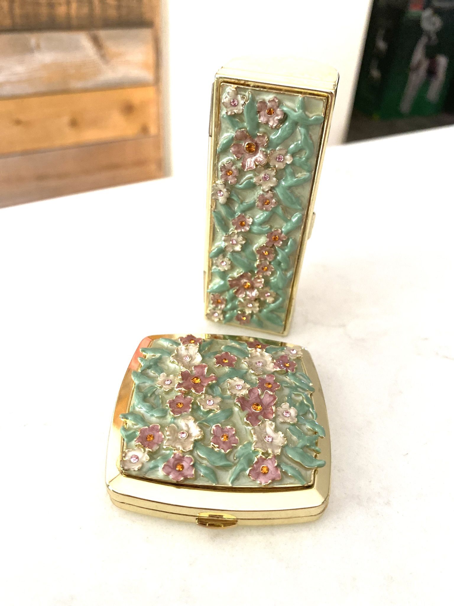 Vintage Argento SC Amaryllis Compact Mirror And Lipstick Case With Swarovski Crystals