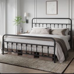 Classic Iron Platform Bed with High Headboard and Footboard