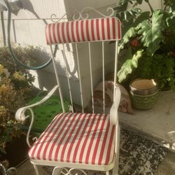 Childs  White metal rocking chair with red and white striped cushions. 1950’s