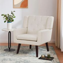 Accent Chair, Comfy Upholstered Mid Century Modern, Button-Tufted with Linen Fabric Light Beige