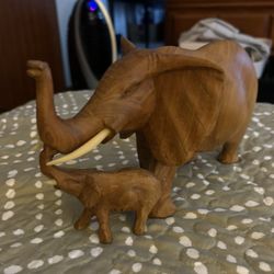 Vintage Wooden Carved Elephant Mom & Baby Figurine 