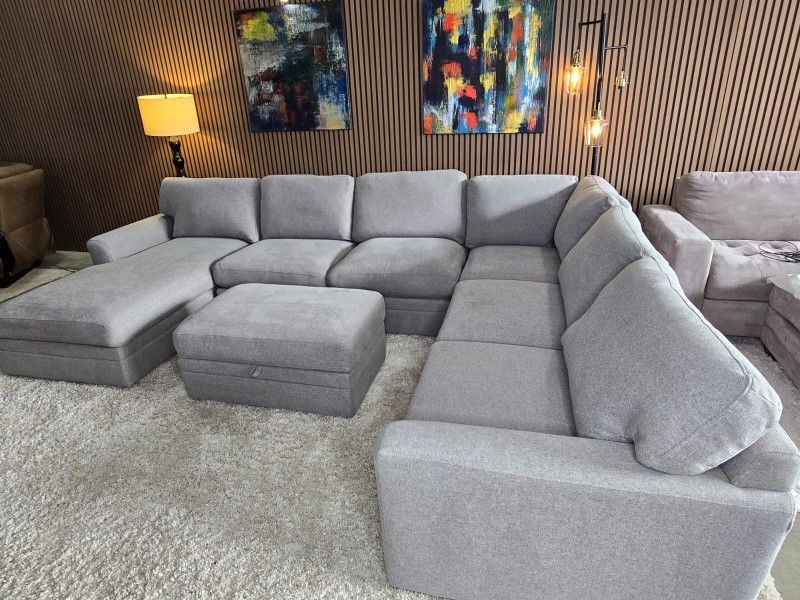 LIKE NEW - 4 Piece Gray Thomasville Langdon Fabric Sectional with Chaise and Storage Ottoman