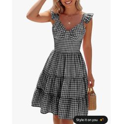 Women's Summer Plaid Dress Casual V Neck Gingham Dress Women Smocked A-line