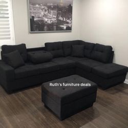Black Sectional Sofa  With Storage Ottoman Brand New