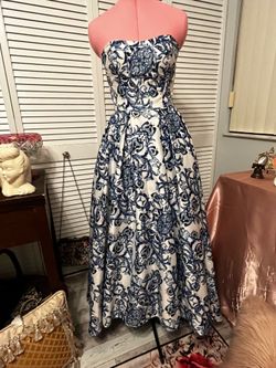 Betsy & Adam Blue & White Strapless Ball Gown – Size 4 | Elegant Formal Dress