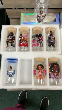 New Printed Glass  Cups with Lids & straw