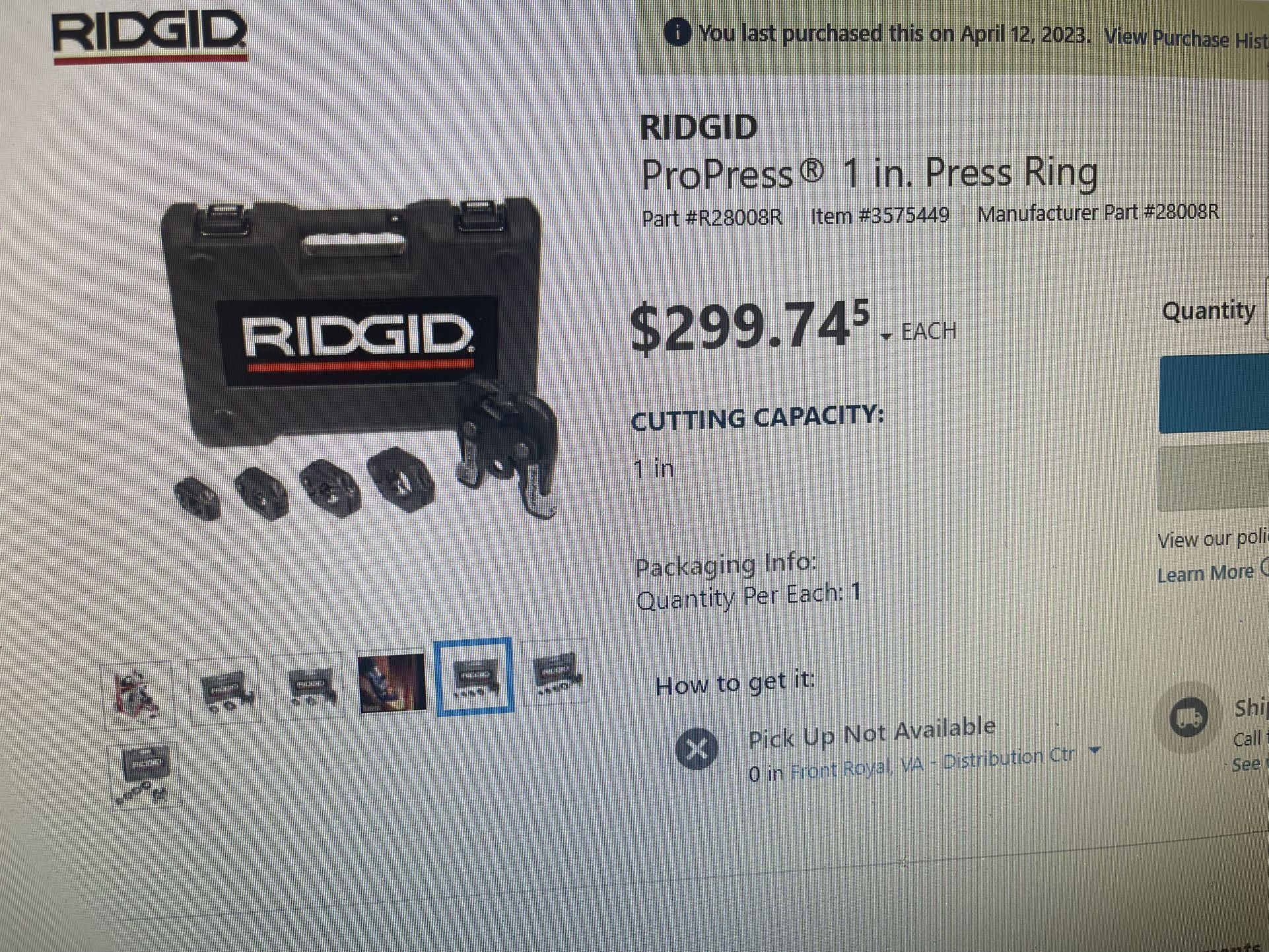New Ridgid 1 inch pro press Ring for pipe copper never used still in plastic for sale and size 1/2 and 3/4 too each one $200
