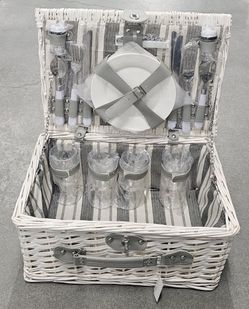 NEW White 4 Person Willow Picnic Basket Set with Plates Flatware Wine Glasses 