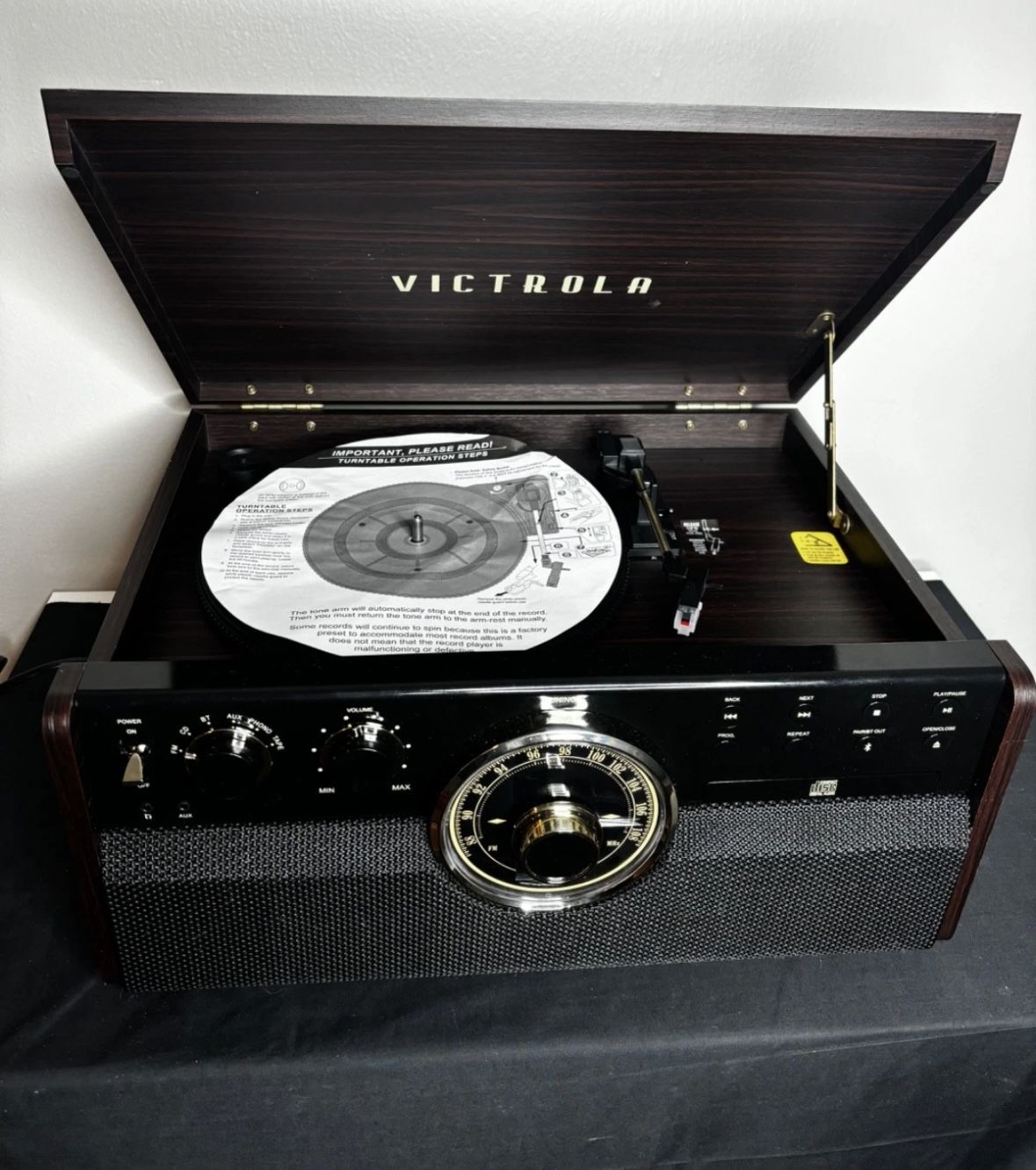Victrola Empire Vinyl Record Player, Bluetooth, CD, Cassette, Radio