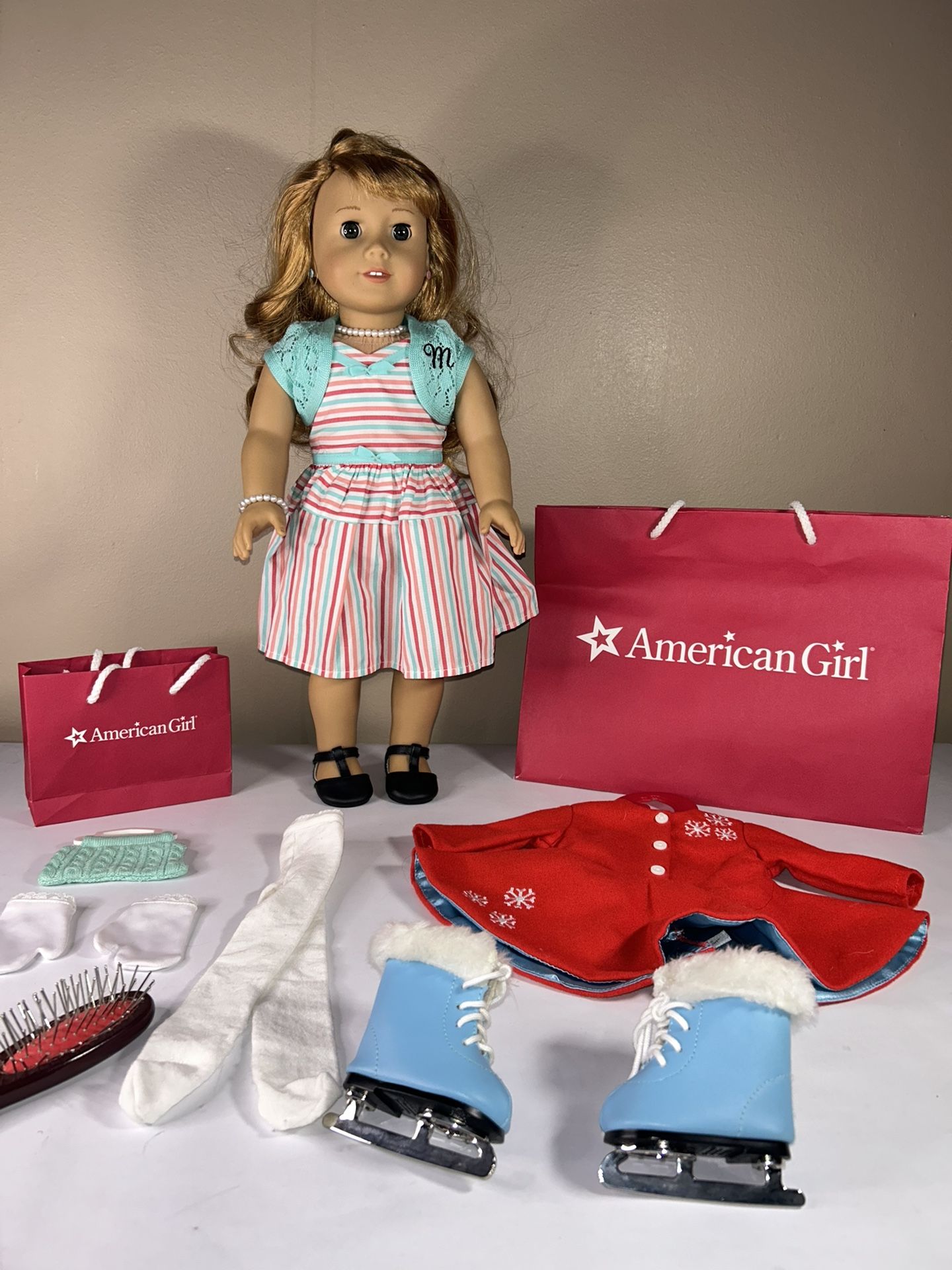 American Girl 18” “Maryellen”Doll, Meet Outfit, Accessories & Ice Skating Outfit