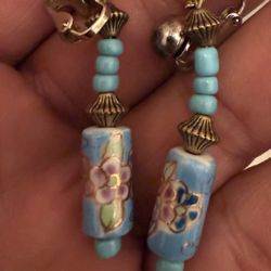 Vintage Chinese Porcelain Aqua Pink Purple Flower Painted Bead Earrings, Ornate Antiqued Brass Bead